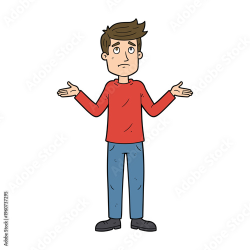 A cartoon illustration of a confused young man shrugging his shoulders with an expression of uncertainty