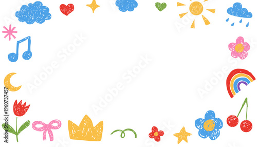 Kindergarden border box for frame crayon pastel and kid pencil doodle. Childish drawings on paper. Kids border with rainbow, cloud, flowers, stars and heart