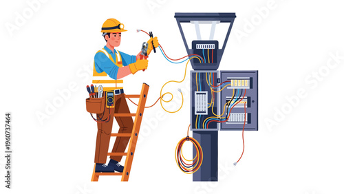 Electrical Engineer at Work: An engineer, carefully scaling a ladder, meticulously repairs and connects the intricate wiring of a power distribution unit.