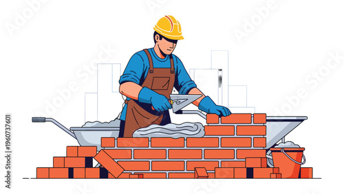 Bricklayer at Work: A skilled bricklayer meticulously lays bricks, embodying craftsmanship and construction expertise. His focused labor builds a strong foundation for future development.