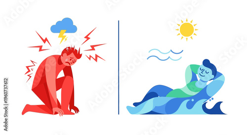 Visualizing the stark contrast between intense human suffering, headache, and stress against the calm of ultimate relaxation and peaceful repose