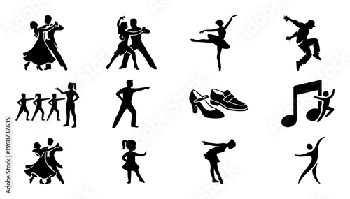 Dance School Silhouette Icons Set – Ballroom, Ballet, Hip Hop, Dance Class and Performance Collection