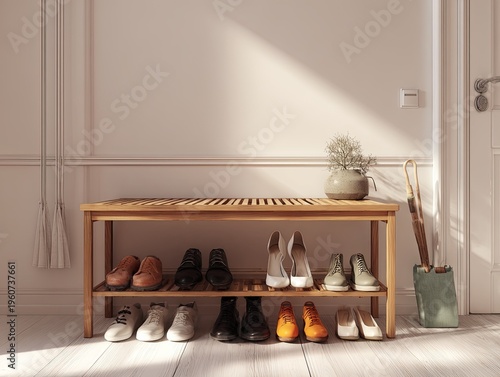 Shoe rack with various shoes indoors.