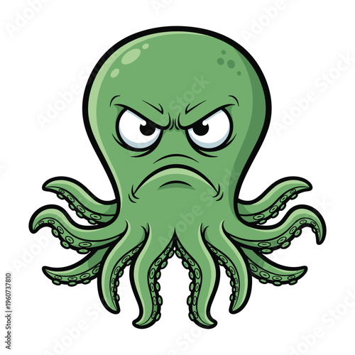 A cartoon illustration of a grumpy green octopus with a furrowed brow and angry expression