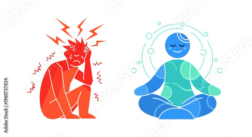 Illustrative contrast of mental anguish versus peaceful mindfulness for stress relief and emotional balance