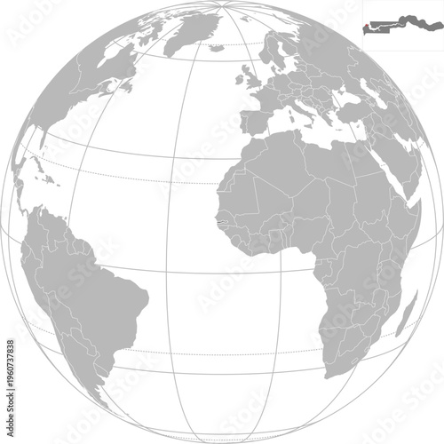 World vector map with country boundaries and graticules (Gambia-centered view, orthographic projection, PPT-compatible & fully editable)	
