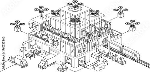 Isometric line art vector of smart automated logistics and drone delivery center