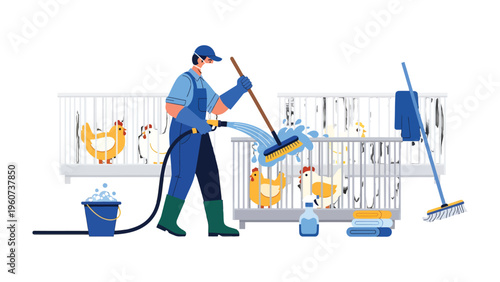 Cleaning Poultry Farm: A dedicated worker diligently cleans a poultry farm, ensuring a healthy and hygienic environment for the fowl, essential for maintaining standards.