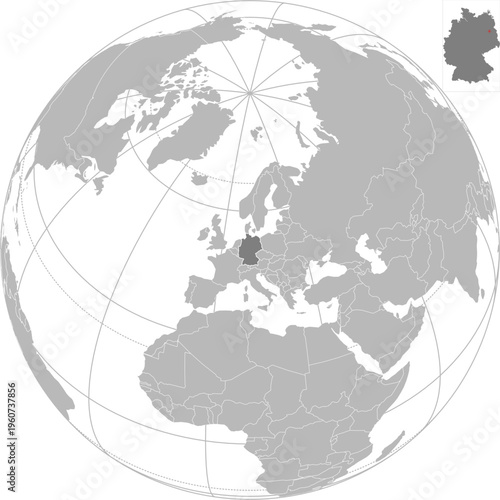 World vector map with country boundaries and graticules (Germany-centered view, orthographic projection, PPT-compatible & fully editable)	