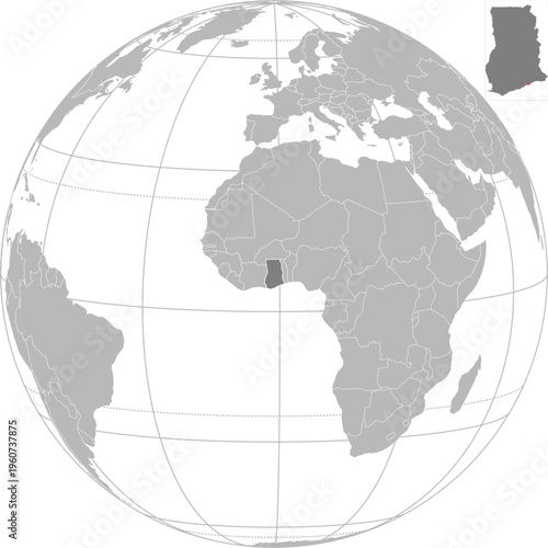 World vector map with country boundaries and graticules (Ghana-centered view, orthographic projection, PPT-compatible & fully editable)	