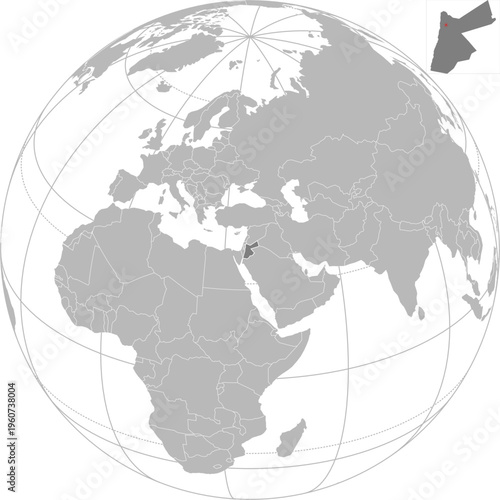 World vector map with country boundaries and graticules (Jordan-centered view, orthographic projection, PPT-compatible & fully editable)	