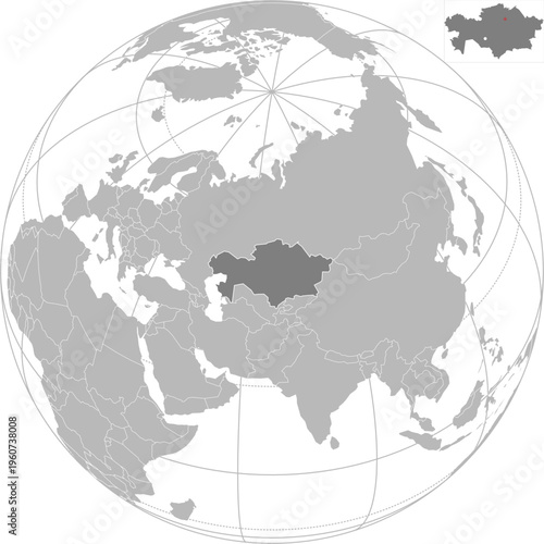 World vector map with country boundaries and graticules (Kazakhstan-centered view, orthographic projection, PPT-compatible & fully editable)	