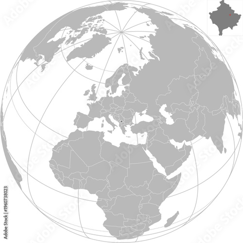 World vector map with country boundaries and graticules (Kosovo-centered view, orthographic projection, PPT-compatible & fully editable)	