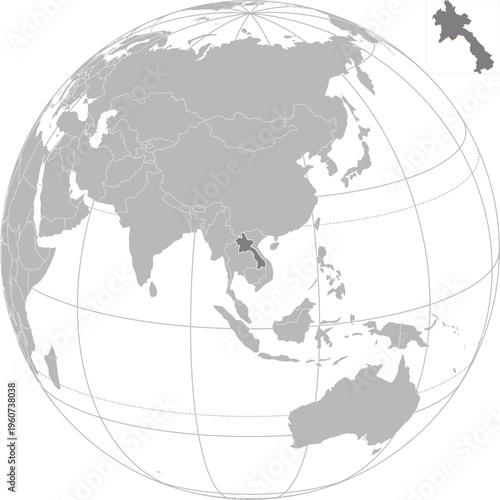 World vector map with country boundaries and graticules (Laos-centered view, orthographic projection, PPT-compatible & fully editable)	
