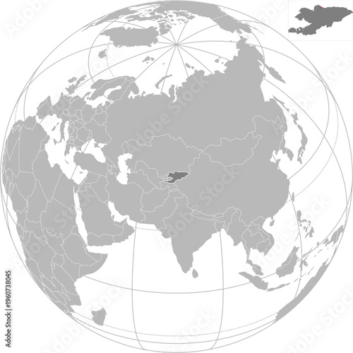 World vector map with country boundaries and graticules (Kyrgyzstan-centered view, orthographic projection, PPT-compatible & fully editable)	