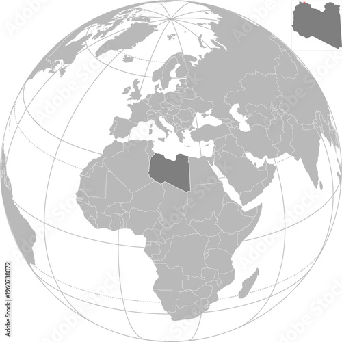 World vector map with country boundaries and graticules (Libya-centered view, orthographic projection, PPT-compatible & fully editable)	