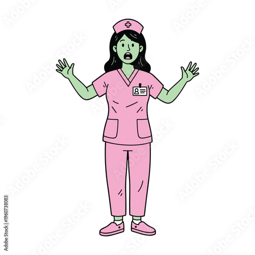 A cartoon illustration of a female nurse in a pink scrub uniform with a shocked expression and raised hands