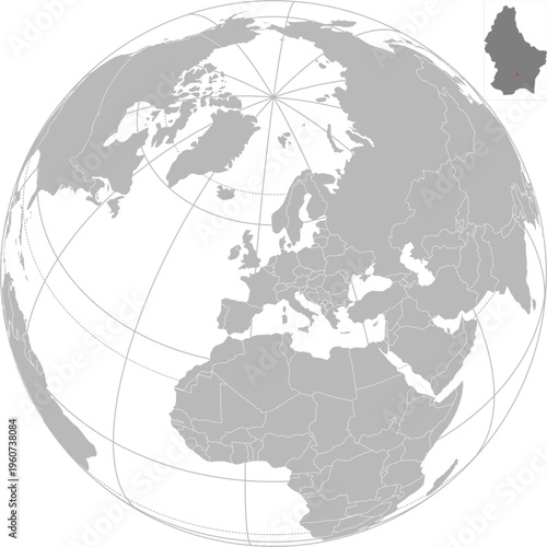 World vector map with country boundaries and graticules (Luxembourg-centered view, orthographic projection, PPT-compatible & fully editable)	