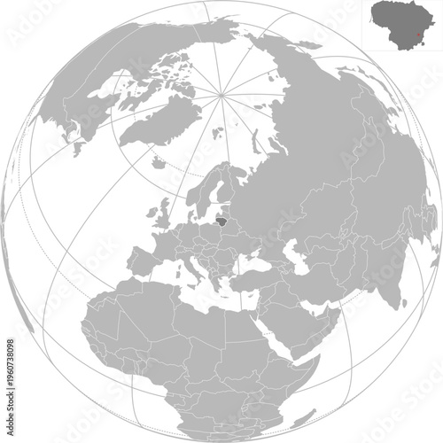 World vector map with country boundaries and graticules (Lithuania-centered view, orthographic projection, PPT-compatible & fully editable)	