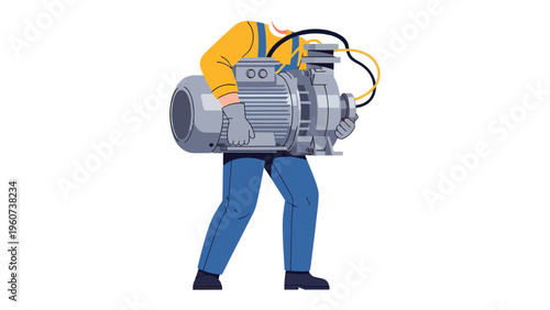 Engineer and Machinery: An engineer carries industrial machinery, highlighting the precision, effort, and technical expertise