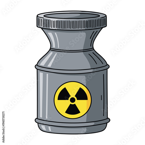A cartoon illustration of a grey cylindrical container with a yellow and black radioactive symbol on its side