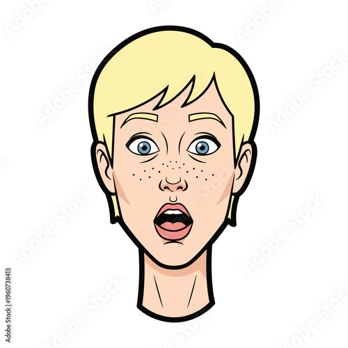 A surprised young woman with short blonde hair and freckles expressing shock with wide eyes and an open mouth
