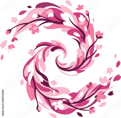 Sophisticated pink sakura blossom swirl, an artistic vector sketch featuring delicate cherry blossoms and leaves.