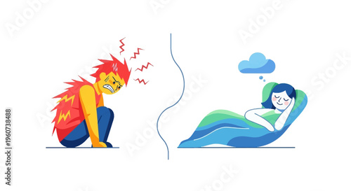Stress versus relaxation A visual representation of anger and calm in contrasting illustrations