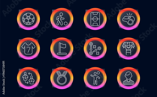 Soccer football game set icon. Linear sports competition collection with soccer ball, player dribble, field stadium, whistle referee, team jersey, corner flag, tactic board, championship trophy