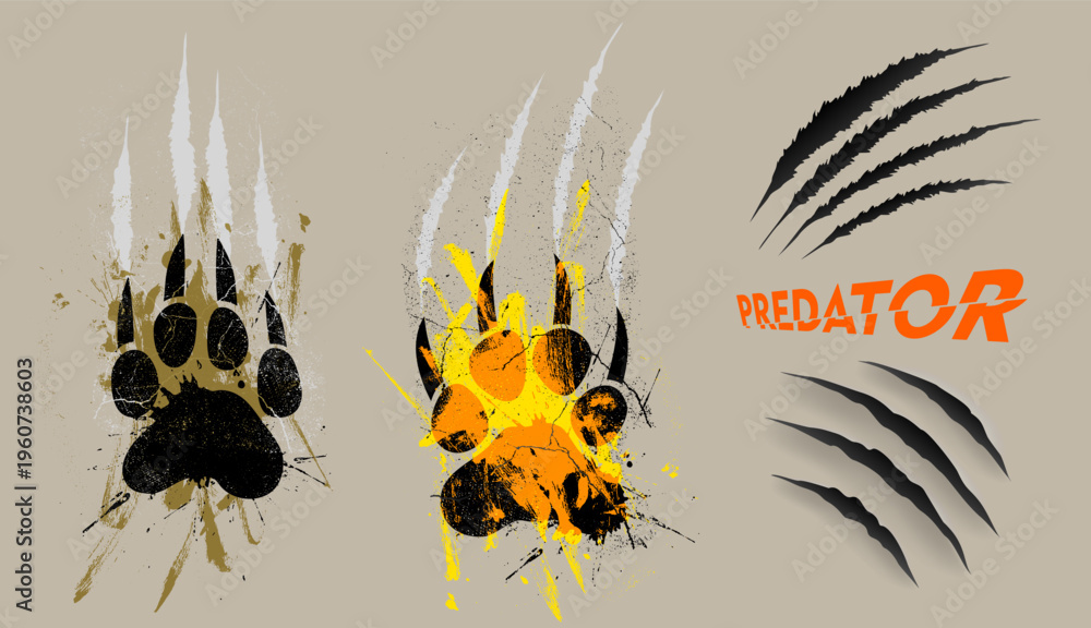Fototapeta premium Set of grunge bear paw prints with sharp claws in black ink splatter style. Wild animal footprint sketches isolated on white for tattoo, t shirt design, tribal art, wilderness survival concept.