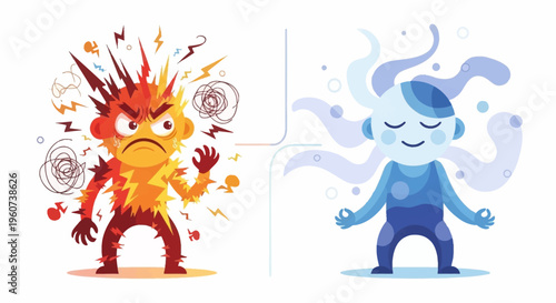 Contrasting Emotions Anger and Calmness, Expressed Through Vibrant Illustrations