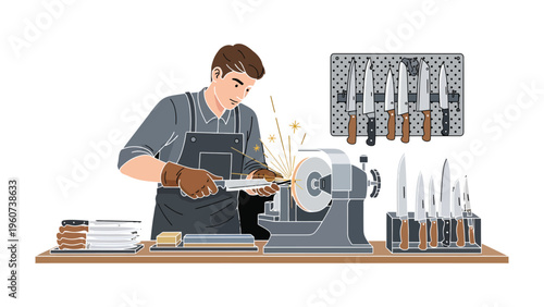 Sharpening Perfection: A skilled artisan meticulously sharpens a knife with precision and expertise, demonstrating craftsmanship and attention to detail. 