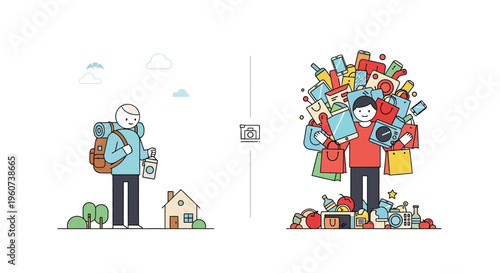 The stark contrast between a minimalist's unburdened journey and the overwhelming weight of modern consumerism and material possessions