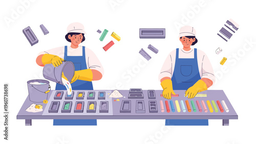 Artisan Craft: Skillful artisans meticulously work at a crafting table, pouring ingredients and arranging final product in a creative and colorful production line. 
