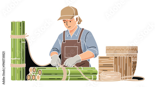 Artisan Crafting Bamboo: An artisan meticulously binds bundles of fresh bamboo, showcasing the delicate balance between strength and skill. It's a tribute to traditional crafts.
