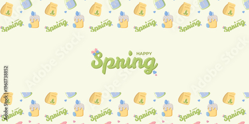 Festive Happy Spring design in playful green text with butterfly accents on cream background, surrounded by watering cans, seed packets, decorated cakes, branches, and hearts, cheerful seasonal motif