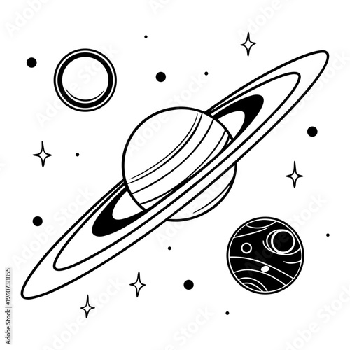 Black and white illustration of a planet with rings and moons