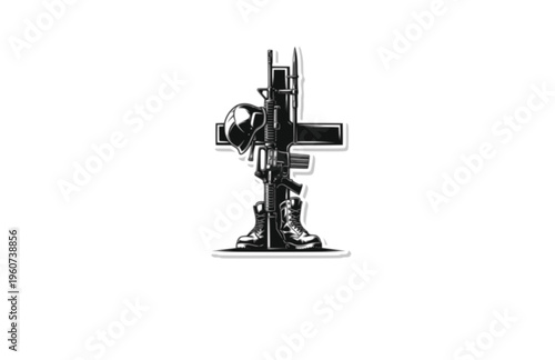 Fallen Soldier Battle Cross Memorial Silhouette, Military Honor and Remembrance Vector Sticker, Veteran Grave Tribute Illustration