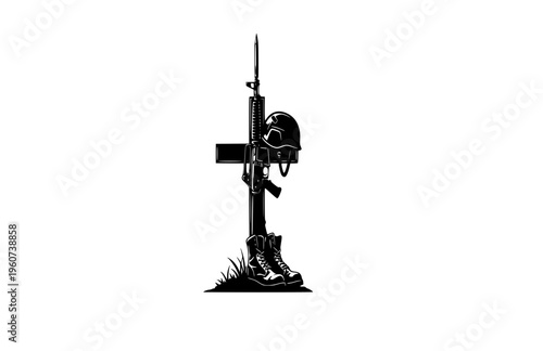 Fallen Soldier Battle Cross Memorial Silhouette, Military Honor and Remembrance Vector Sticker, Veteran Grave Tribute Illustration