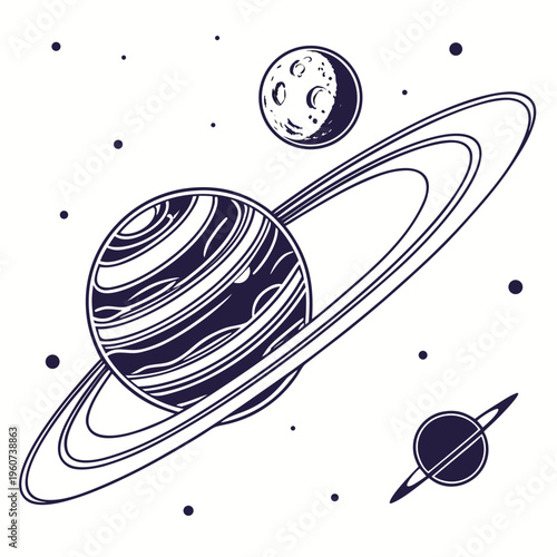 Vector illustration of a planet with rings and moons in space