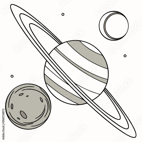 A vector illustration of a planet with rings and two moons in a cartoon style for educational or decorative purposes
