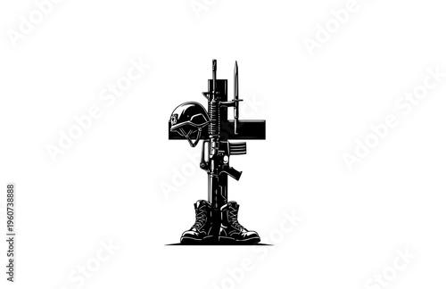 Fallen Soldier Battle Cross Memorial Silhouette, Military Honor and Remembrance Vector Sticker, Veteran Grave Tribute Illustration