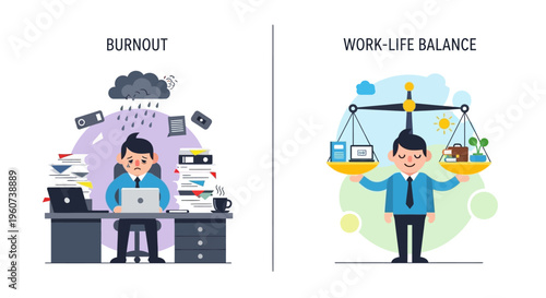 Concept of burnout and work-life balance illustrated by contrasting work environments