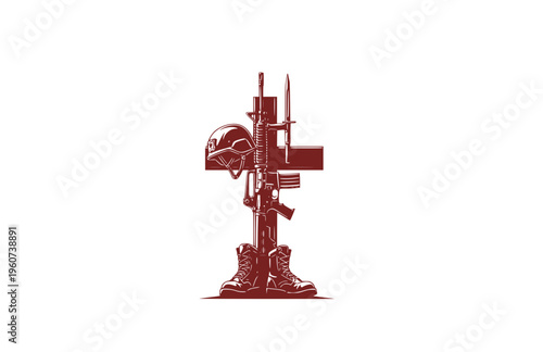 Fallen Soldier Battle Cross Memorial Silhouette, Military Honor and Remembrance Vector Sticker, Veteran Grave Tribute Illustration