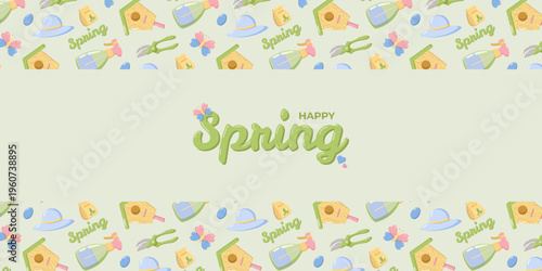 Festive Happy Spring design in playful green script with butterfly accent on pastel green background, surrounded by birdhouses, watering cans, shears, seed packets, eggs, hats, and butterflies