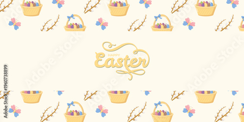 Festive Happy Easter design in yellow script on cream background, surrounded by baskets of eggs, pussy willow branches, and butterflies, cheerful seasonal holiday motif for cards and wrapping