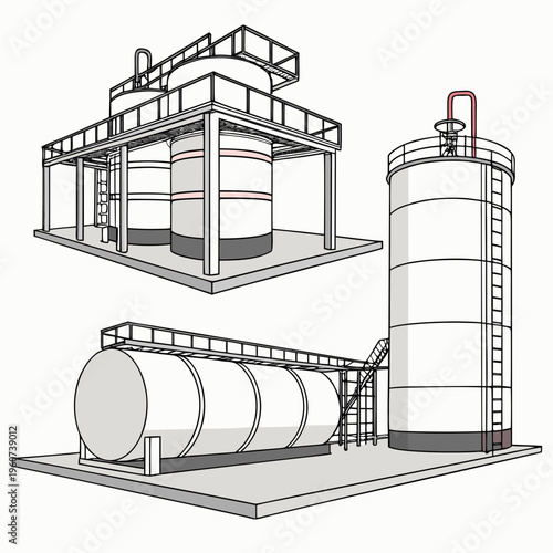 Industrial facility with cylindrical storage tanks and elevated platform structure for processing or manufacturing operations