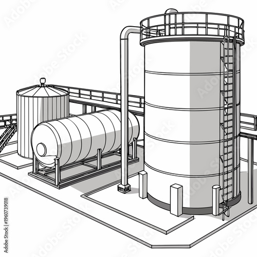 Industrial facility with large cylindrical tanks and piping system