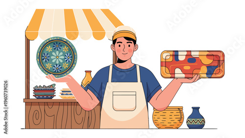 Artisan's Showcase: A skilled artisan proudly displays handcrafted ceramic pieces, showcasing the vibrant artistry and cultural heritage behind each unique creation.