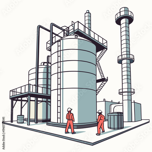 An industrial facility with two workers in orange suits and hard hats standing near large cylindrical tanks and machinery